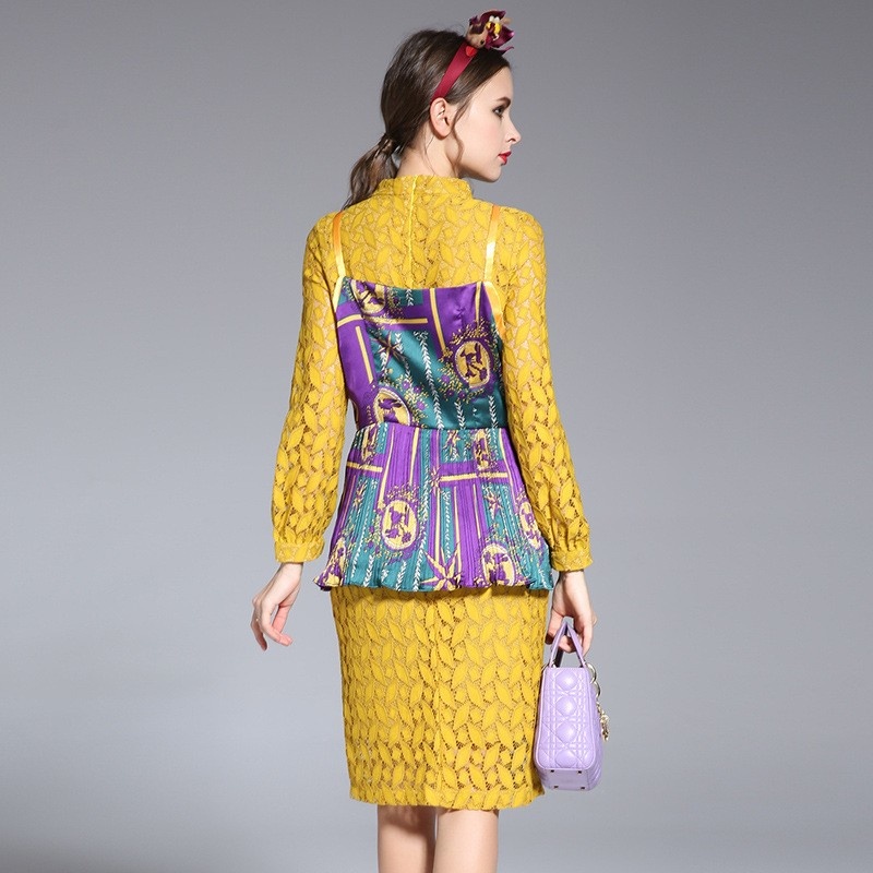 New Look Exoticism Layered Print Dress With Lace Cutwork | VoguesUs