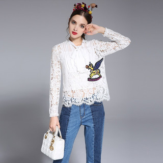 Weiß Stickerei Spitze Shirt Mit Fliege | VoguesUs