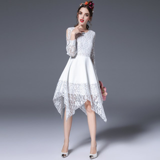 Langarm Kalte Schulter Mid Kleid Mit Spitze Detail | VoguesUs