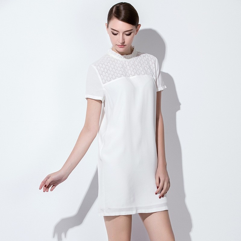Simple Style White Short Sleeve Splicing Lace Shoulder Dress |