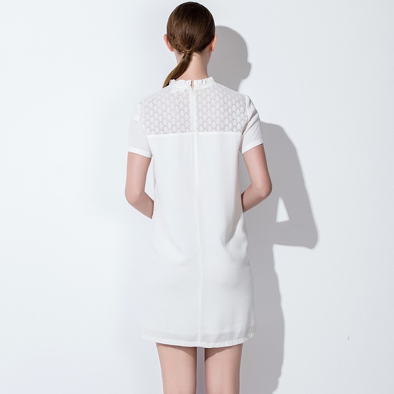 Simple Style White Short Sleeve Splicing Lace Shoulder Dress |