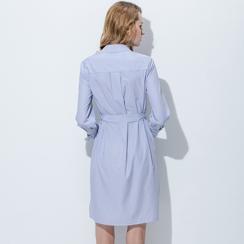 Bureau De Style De Col Haut Silm Rayé Midi Robe Avec Collier De Détail |