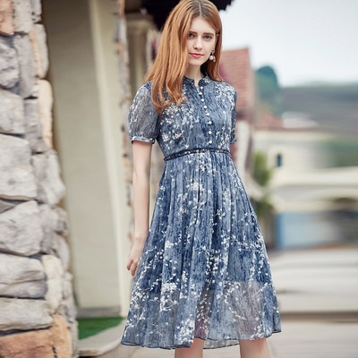 Süß Exquisite Floral Print High Neck Midi Dress Wünschen Raffen |