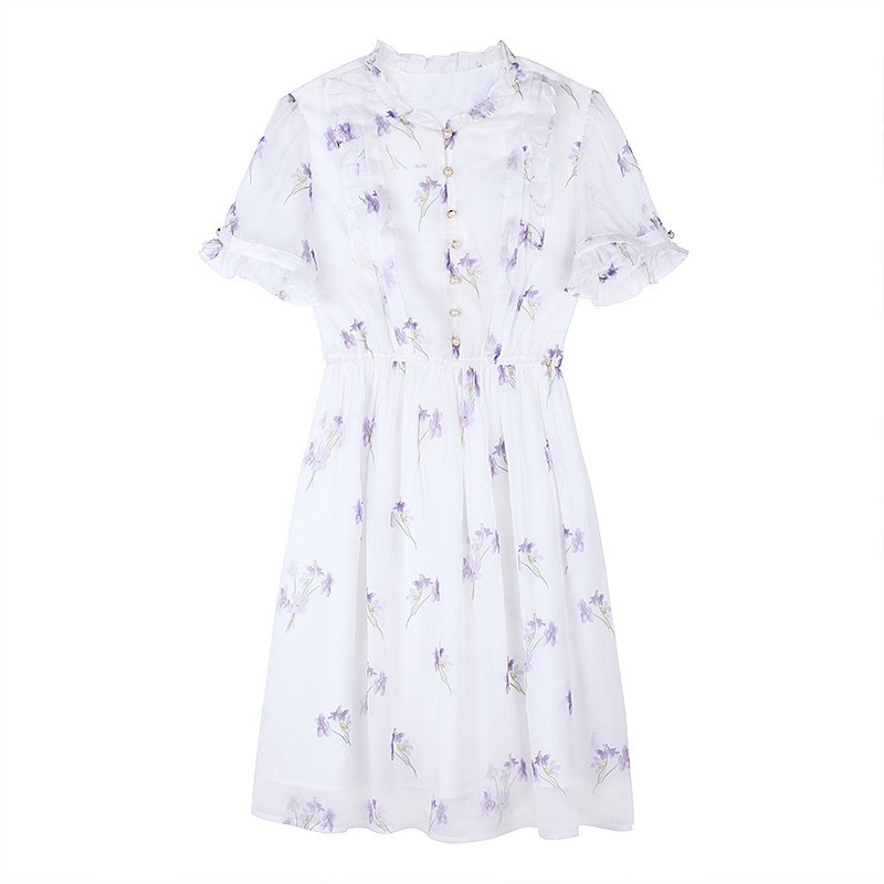 Sweet High Neck White Based Floral Print Dress With Lace Detail |