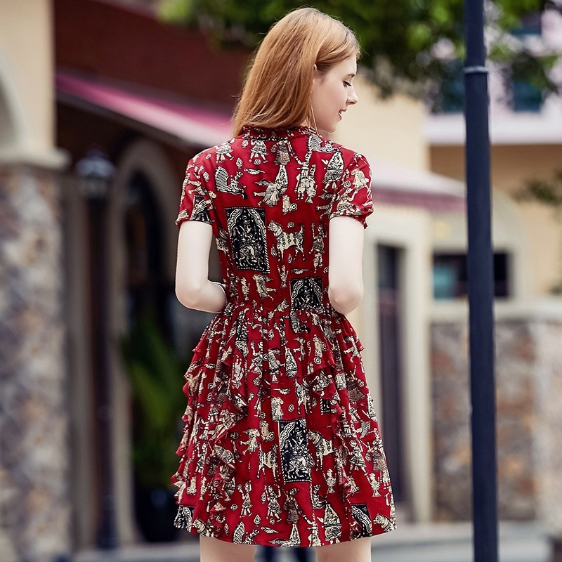 La Moda De Impresión De Pequeño Cuello En V Elástico Vestido Midi