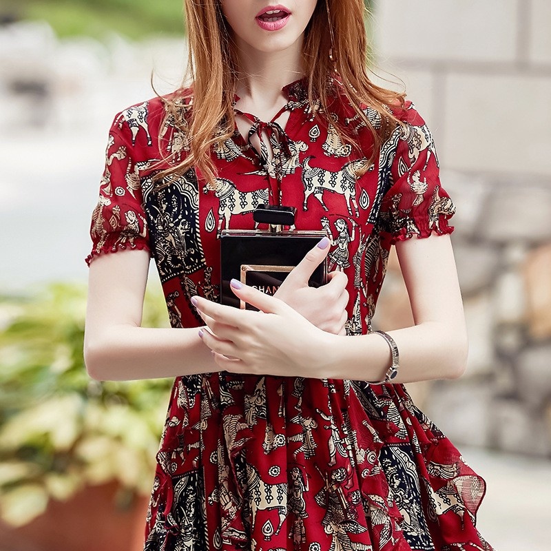 Mode-Druck Kleine V-Ausschnitt Elastic Midi-Kleid | VoguesUs