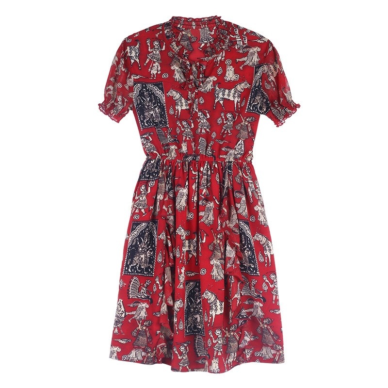 Mode-Druck Kleine V-Ausschnitt Elastic Midi-Kleid | VoguesUs