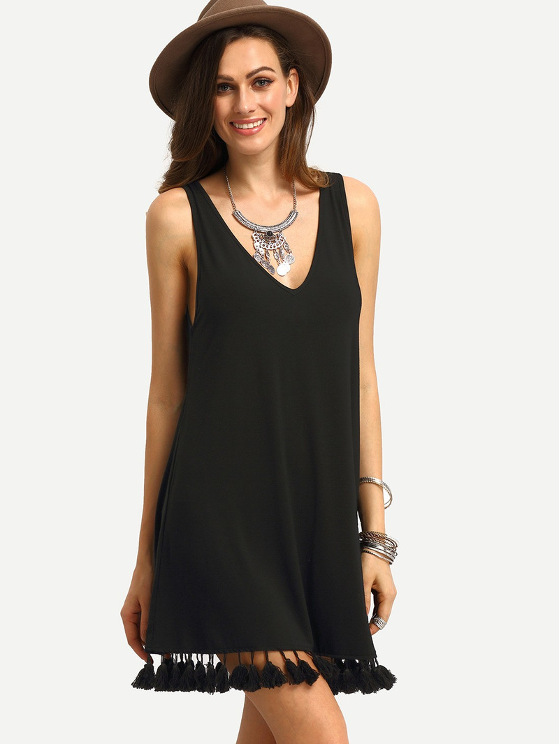 Fashion Sexy V Neck Sleeveless Dress With V Back And Tassle Hem | VoguesUs