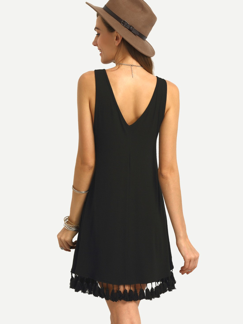 Fashion Sexy V Neck Sleeveless Dress With V Back And Tassle Hem | VoguesUs