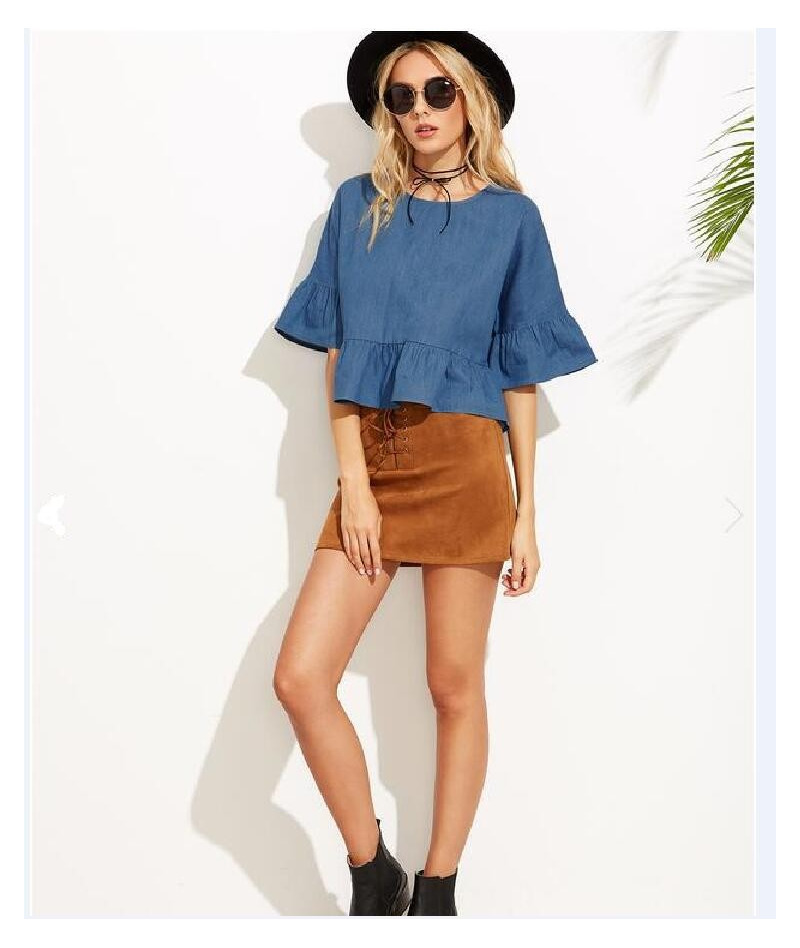Élégant, Doux Lâche Haut-Parleur Manche De La Feuille De Lotus Ourlet De Courte Section De Cow-Boy T-Shirt | VoguesUs