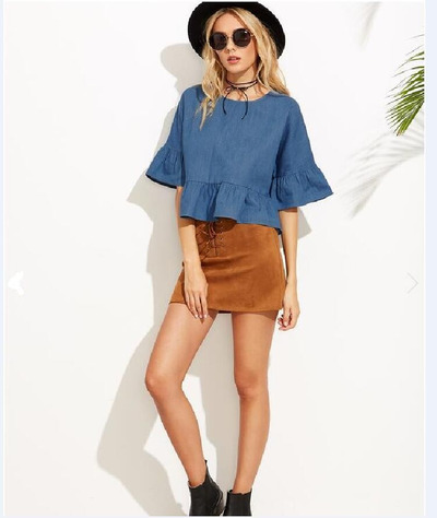 Stylish Sweet Loose Speaker Sleeve Lotus Leaf Hem Short Section Cowboy Shirt | VoguesUs
