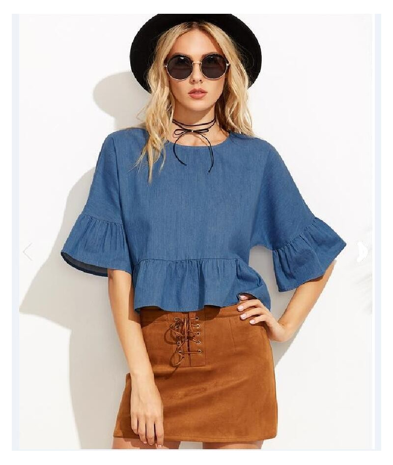 Élégant, Doux Lâche Haut-Parleur Manche De La Feuille De Lotus Ourlet De Courte Section De Cow-Boy T-Shirt | VoguesUs