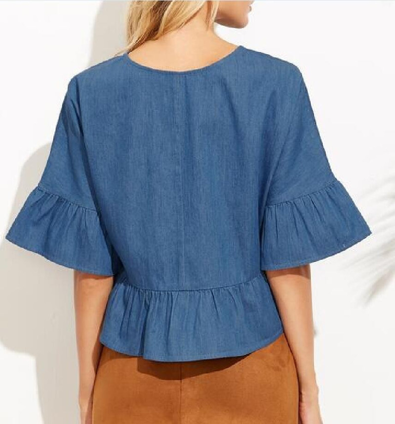 Élégant, Doux Lâche Haut-Parleur Manche De La Feuille De Lotus Ourlet De Courte Section De Cow-Boy T-Shirt | VoguesUs