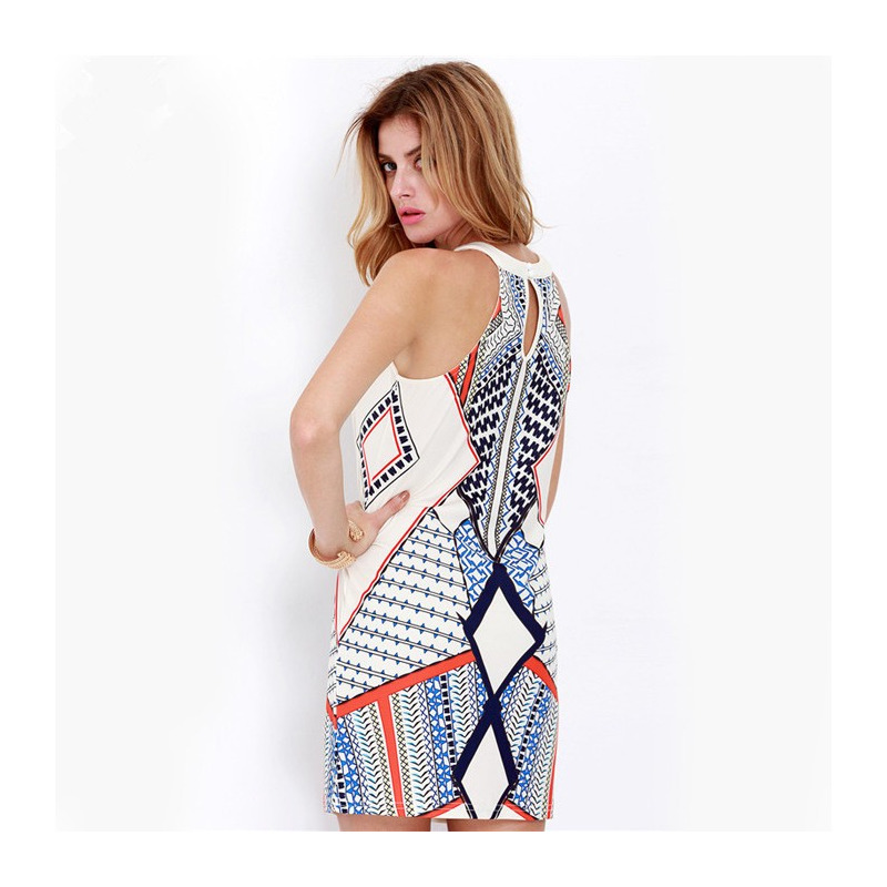 Mode Sexy Sans Manches Motif Géométrique A Été Mince Sac Hanche Robe | VoguesUs