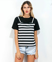 Fashion Casual Loose Fake Two Pieces Of Striped Stitching Short Sleeve