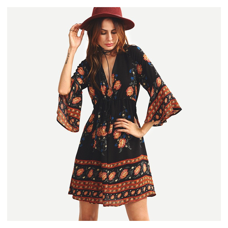 Moda Sexy Floral Cuello En V Estilo De Vestido De Viento