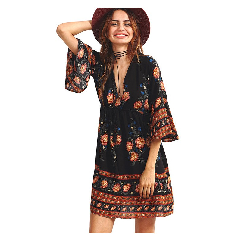 Moda Sexy Floral Cuello En V Estilo De Vestido De Viento