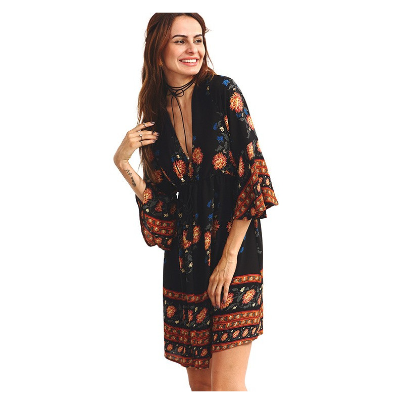 Moda Sexy Floral Cuello En V Estilo De Vestido De Viento