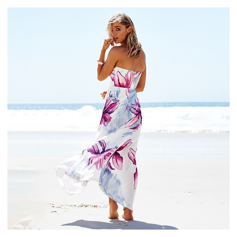 Sexy Elegant Beach Off Shoulder Print Side Split Maxi Dress | VoguesUs