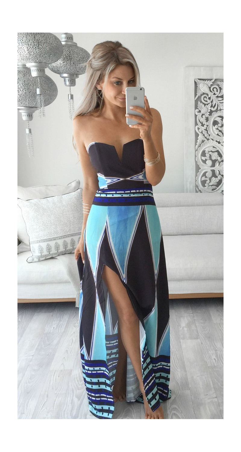 Sexy Elegant Beach Off Shoulder Print Side Split Maxi Dress | VoguesUs