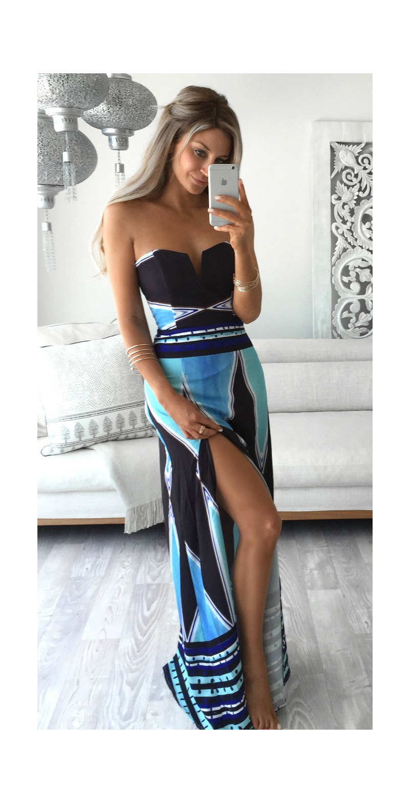 Sexy Elegant Beach Off Shoulder Print Side Split Maxi Dress | VoguesUs