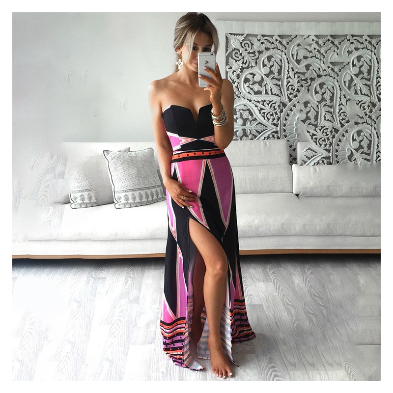 Sexy Elegant Beach Off Shoulder Print Side Split Maxi Dress | VoguesUs