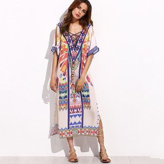 Sexy V Profond Cou Et V Dos De L'Exotisme D'Impression Maxi Robe Avec Sangle