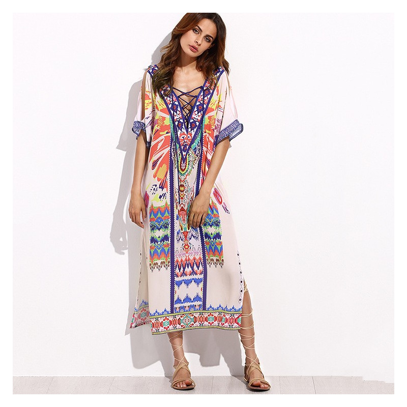 Sexy Deep V Neck And V Back Exoticism Print Maxi Dress With Strap