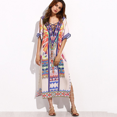 Sexy Deep V Neck And V Back Exoticism Print Maxi Dress With Strap