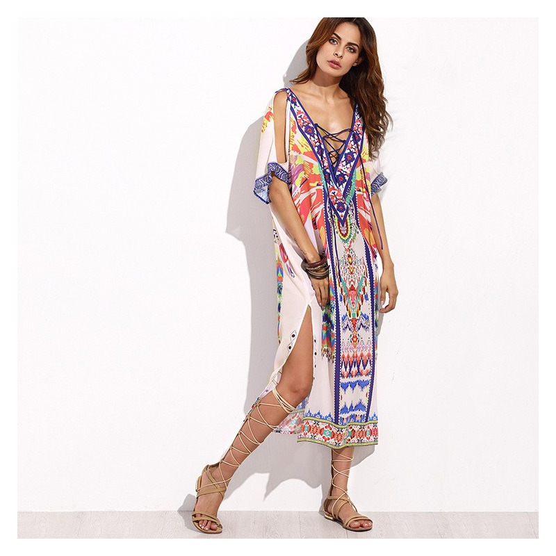 Sexy Deep V Neck And V Back Exoticism Print Maxi Dress With Strap