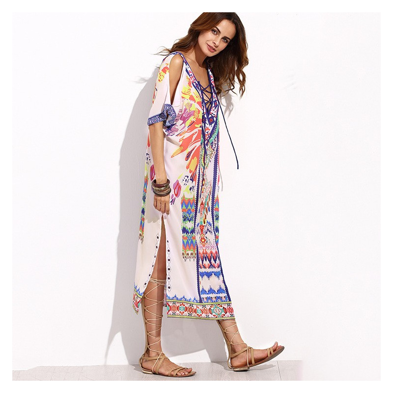 Sexy Deep V Neck And V Back Exoticism Print Maxi Dress With Strap