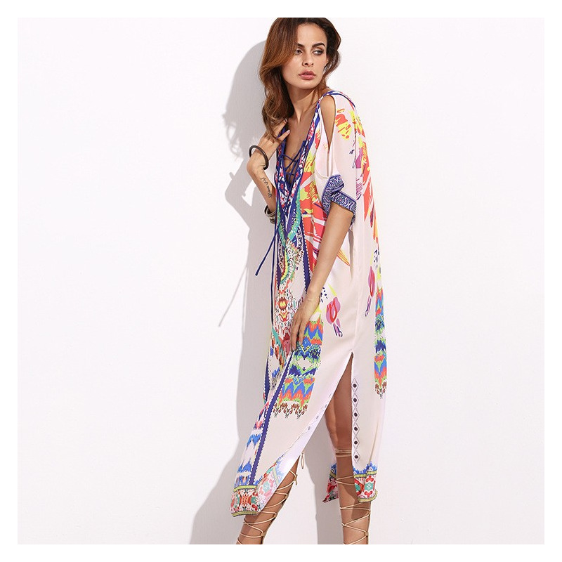 Sexy Deep V Neck And V Back Exoticism Print Maxi Dress With Strap