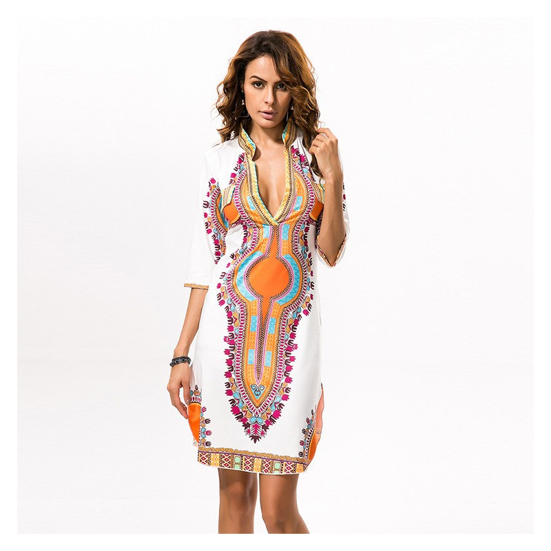 Sexy Exoticism Deep V Neck Print Slinky Midi Dress | VoguesUs
