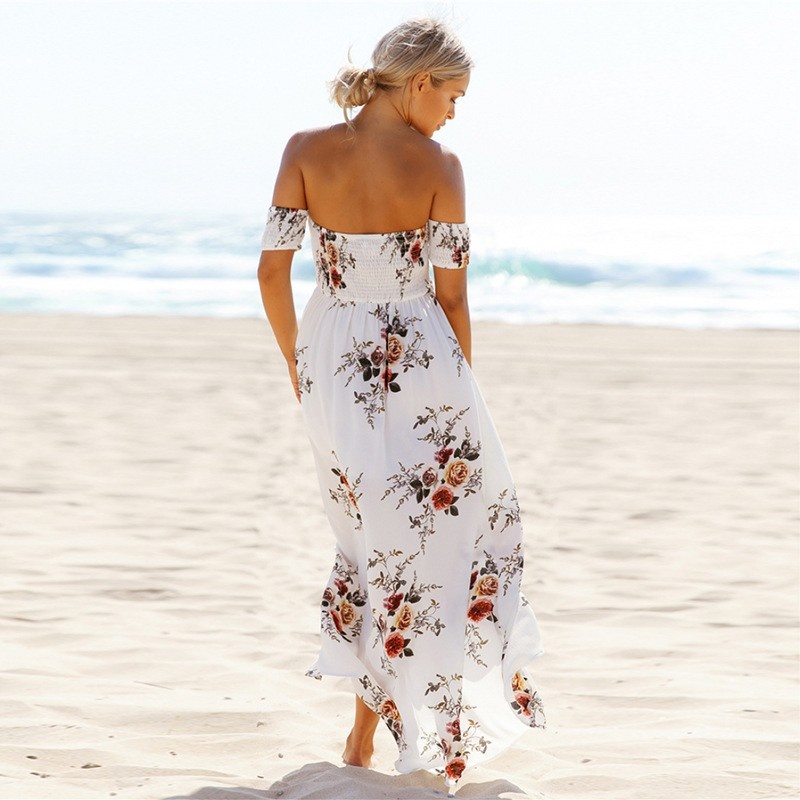 Mode Sexy Strand-Off-Schulter-Print-Maxi-Kleid Mit Rüschen-Details |