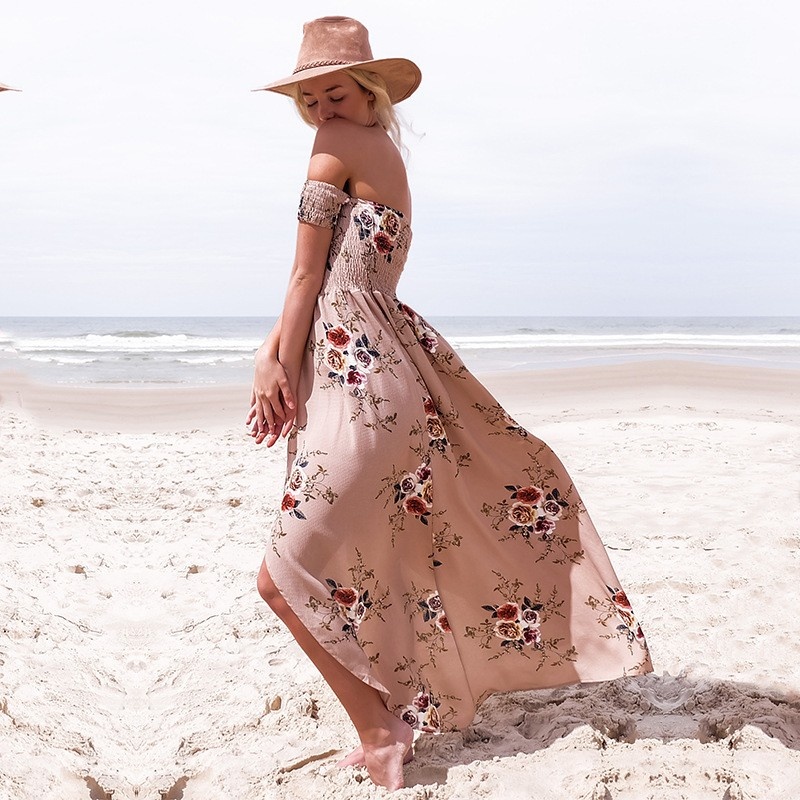 Mode Sexy Strand-Off-Schulter-Print-Maxi-Kleid Mit Rüschen-Details |