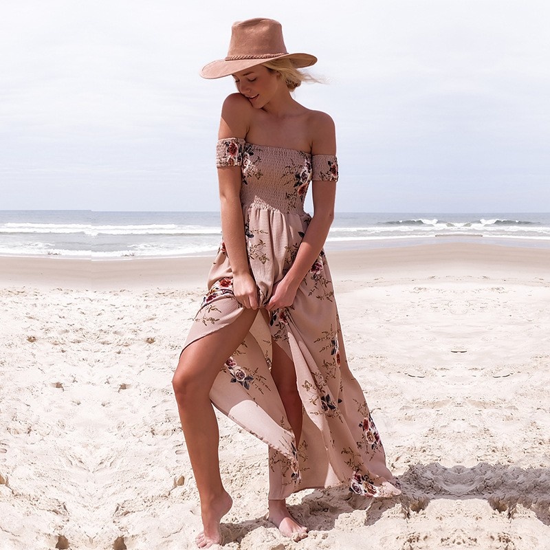 Mode Sexy Plage Impression De L'Épaule Maxi Robe Avec Des Volants De Détails |