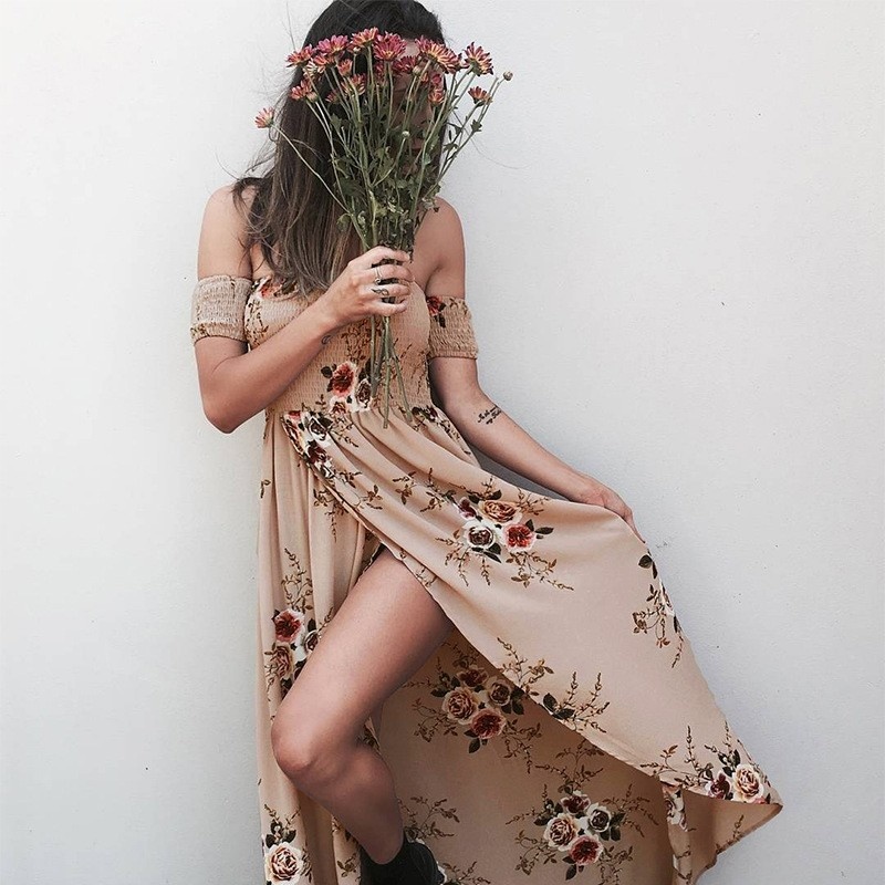 Mode Sexy Plage Impression De L'Épaule Maxi Robe Avec Des Volants De Détails |