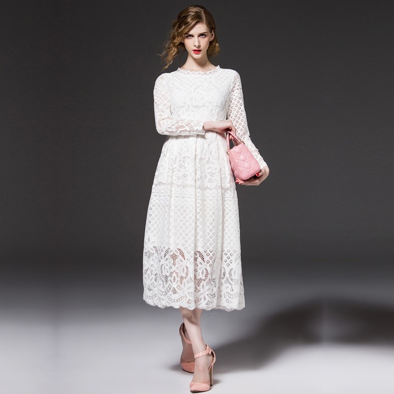 Moda De Encaje Elegante Cutwork Una Línea De Vestido Maxi Con Lazo En
