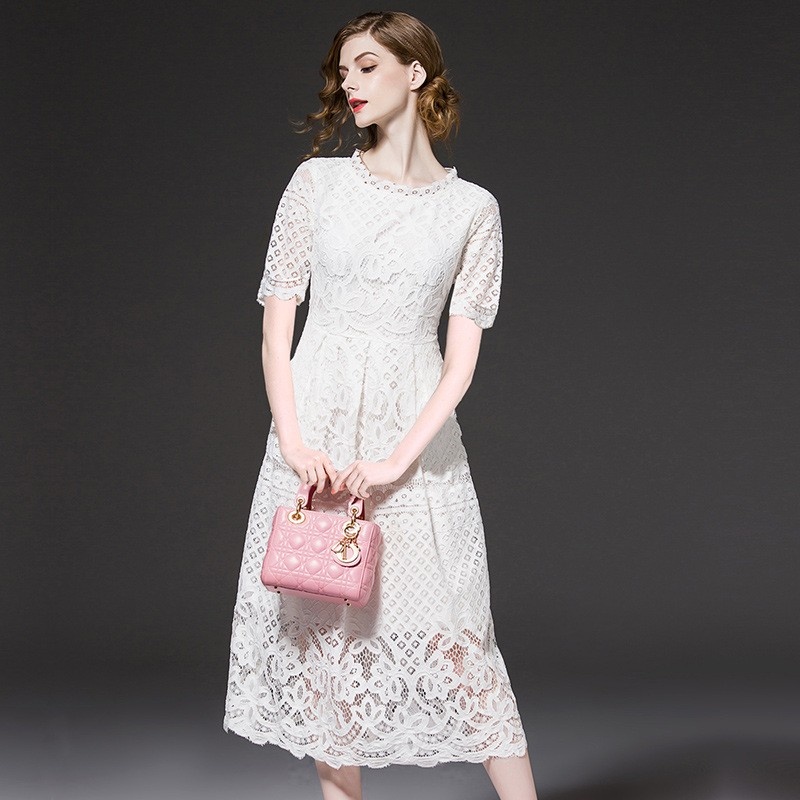 Fashion Elegant Lace Cutwork A Line Maxi Dress With Tie Waist |