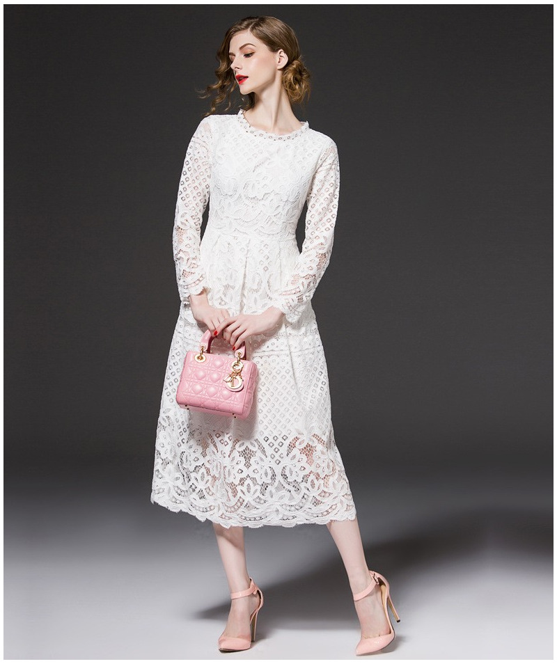 Fashion Elegant Lace Cutwork A Line Maxi Dress With Tie Waist |