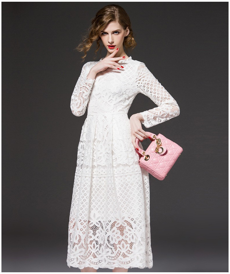 Fashion Elegant Lace Cutwork A Line Maxi Dress With Tie Waist |