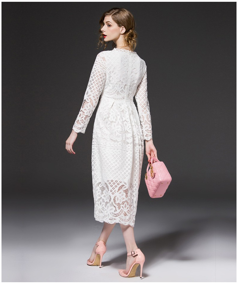 Moda De Encaje Elegante Cutwork Una Línea De Vestido Maxi Con Lazo En