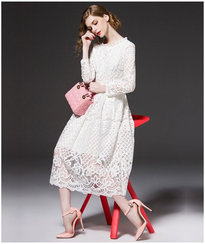 Moda De Encaje Elegante Cutwork Una Línea De Vestido Maxi Con Lazo En