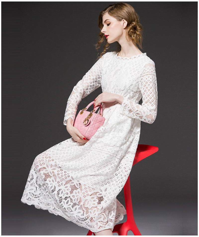 Moda De Encaje Elegante Cutwork Una Línea De Vestido Maxi Con Lazo En