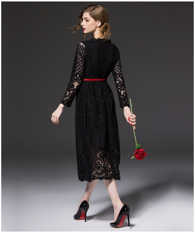 Fashion Elegant Lace Cutwork A Line Maxi Dress With Tie Waist |