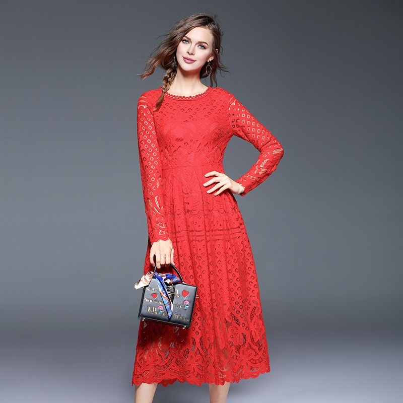 Fashion Elegant Lace Cutwork A Line Maxi Dress With Tie Waist |