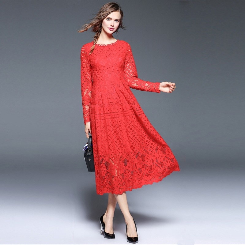 Moda De Encaje Elegante Cutwork Una Línea De Vestido Maxi Con Lazo En