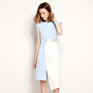 Fashion Kontrast Farbe Ärmelloses Hohe Taille Kleid Mit Bindegürtel