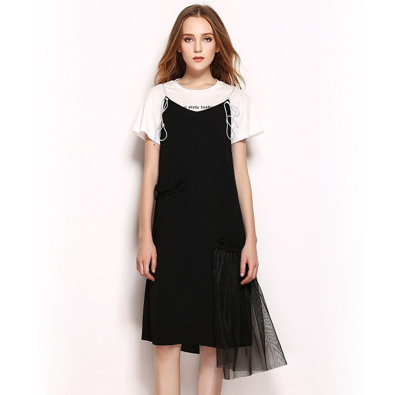 La Mode Col Rond T-Shirt Midi Robe Avec Détail De Maille | VoguesUs