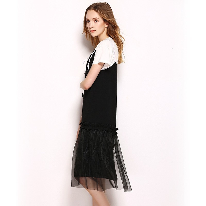 Mode-Rundhalsausschnitt-T-Shirt, Midi-Kleid Mit Mesh-Detail | VoguesUs